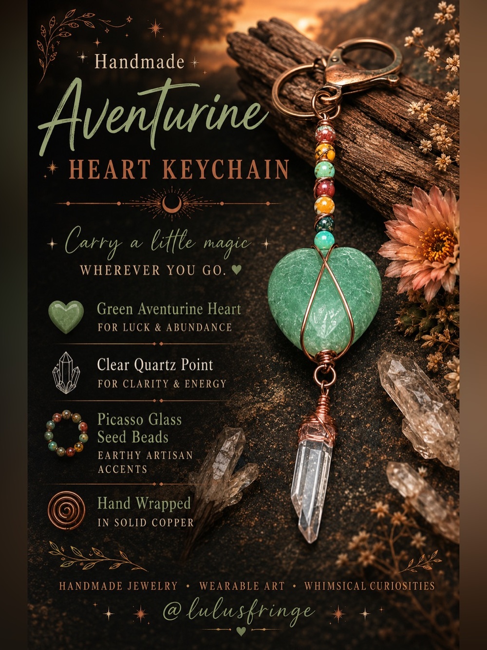 Handmade Aventurine Heart Keychain with Clear Quartz Point - Picture 2 of 10